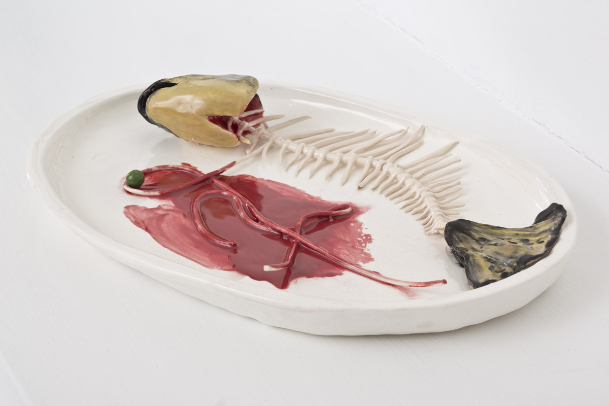 Calvin Marcus, <i>Fish in Dish</i>, 2017. Glazed ceramic, 10 3/4 x 7 3/8 x 1 5/8 inches (27.3 x 18.7 x 4.1 cm).  © Calvin Marcus.